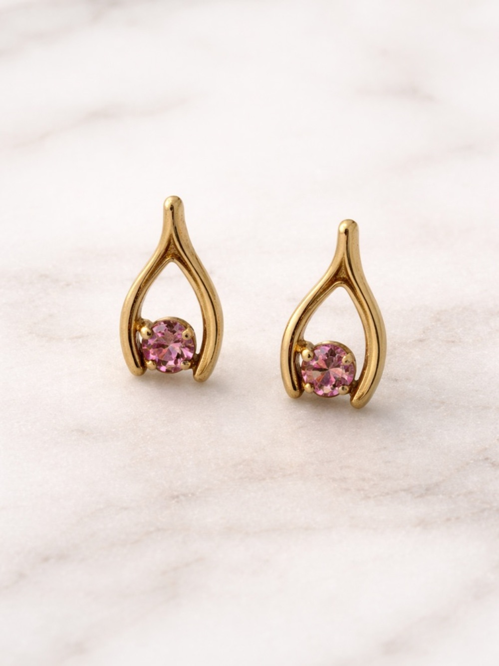 Vintage 60s 70s Gold Tone Pink Rhinestone Modern Stud Earrings